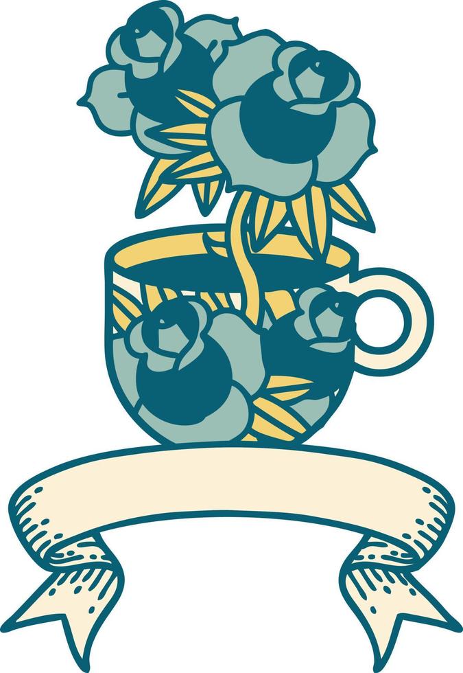 traditional tattoo with banner of a cup and flowers vector