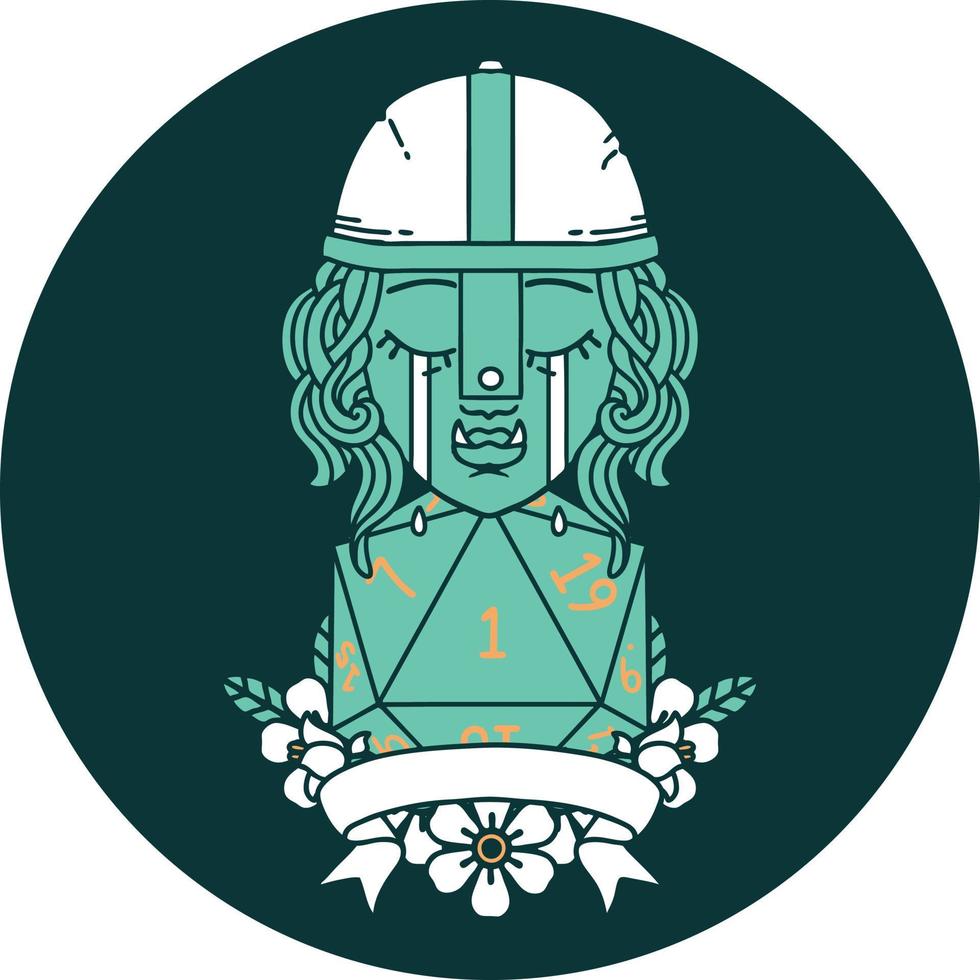 icon of crying orc fighter character with natural one D20 roll vector