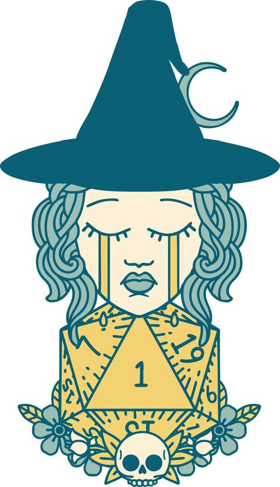 Retro Tattoo Style crying human witch with natural one D20 dice roll vector