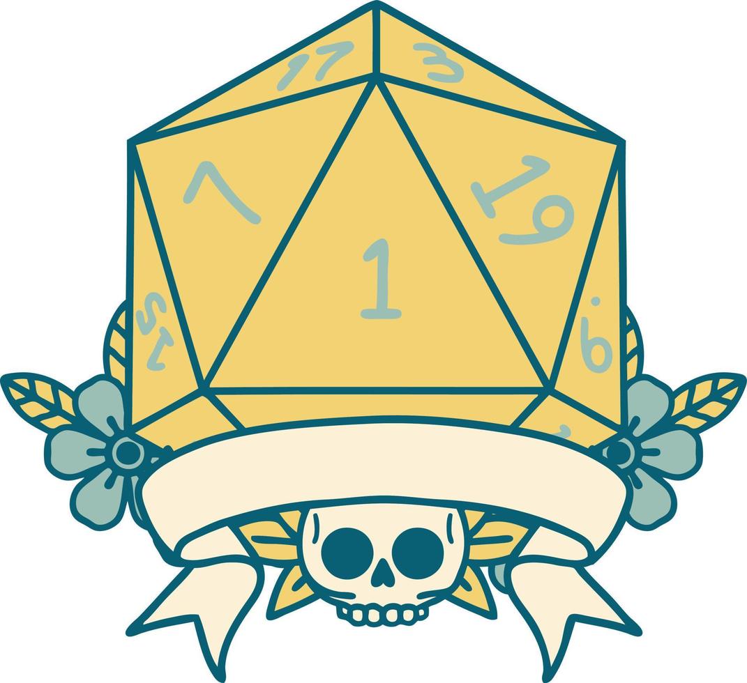 Retro Tattoo Style natural one d20 dice roll vector