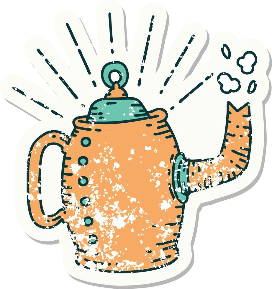 worn old sticker of a tattoo style old coffee pot steaming vector