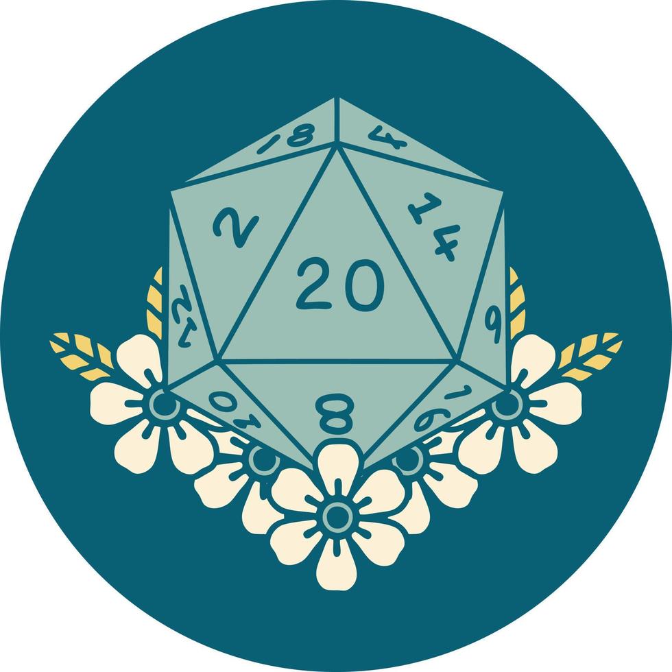 Retro Tattoo Style natural 20 D20 dice roll with floral elements vector