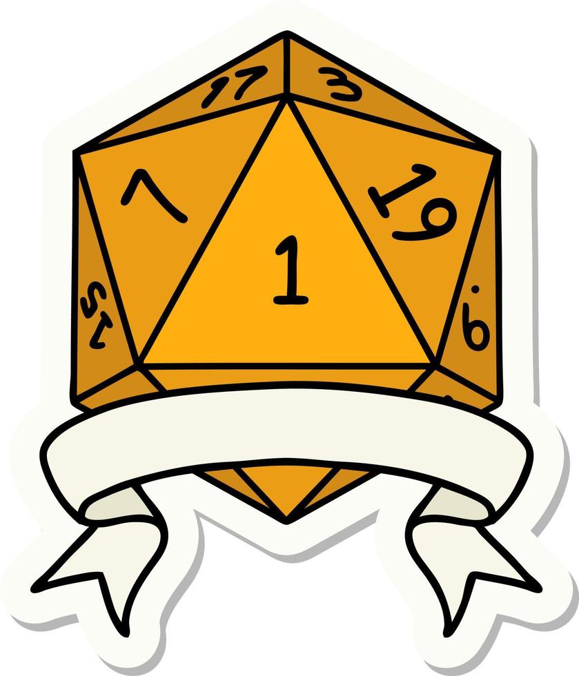 sticker of a natural one d20 dice roll vector