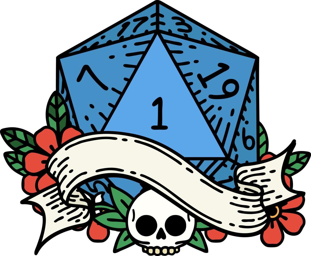 Retro Tattoo Style natural one d20 dice roll vector
