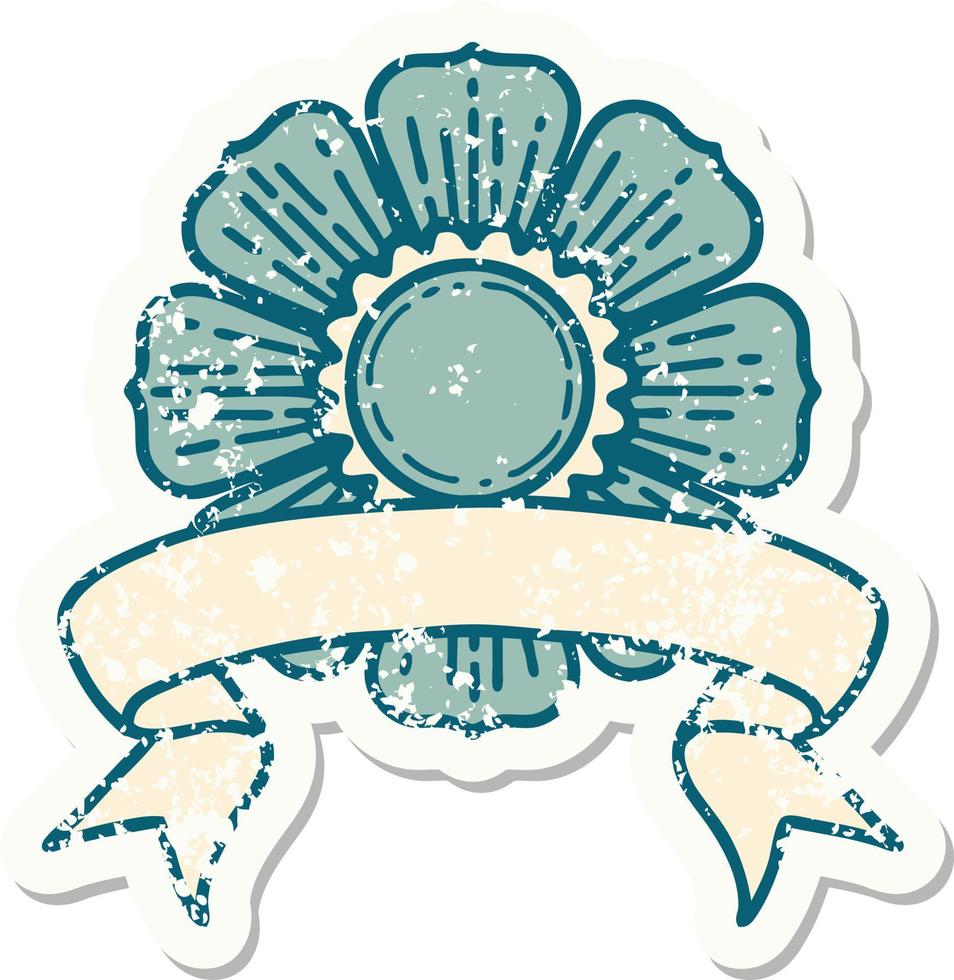 worn old sticker with banner of a flower vector