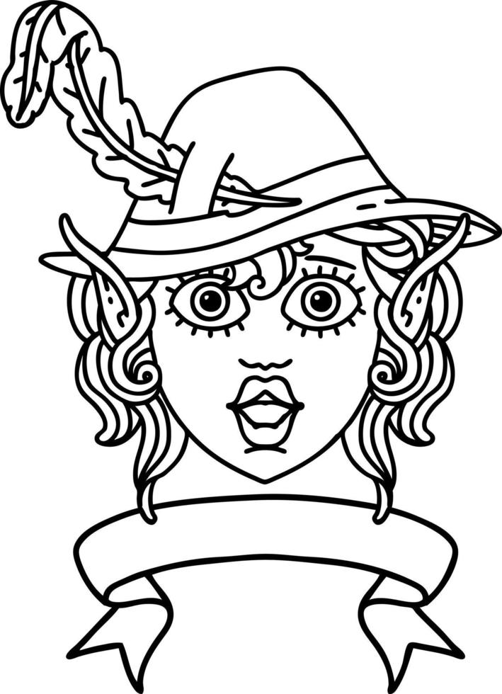 Black and White Tattoo linework Style elf bard character face with banner vector