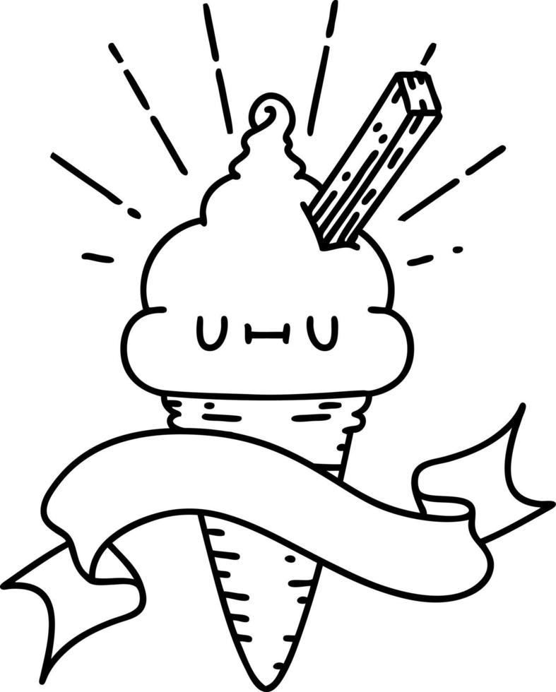 scroll banner with black line work tattoo style ice cream character vector
