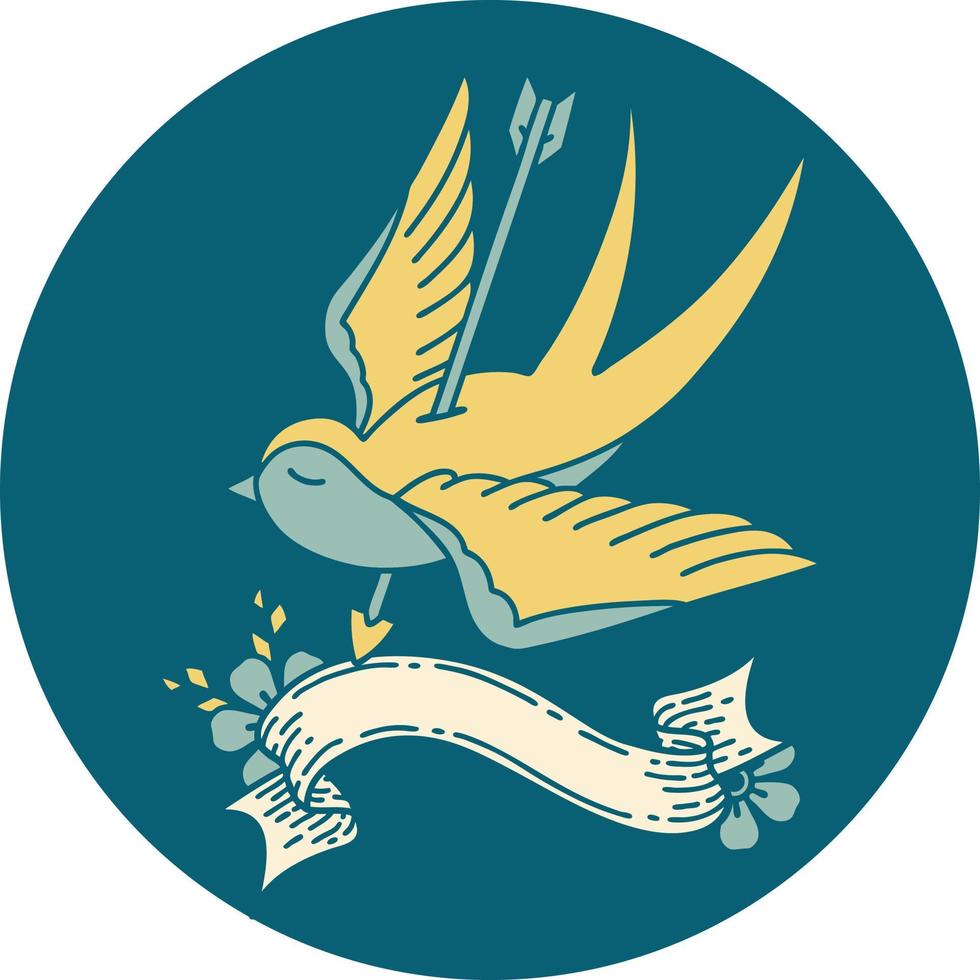 tattoo style icon with banner of a swallow shot through with arrow vector