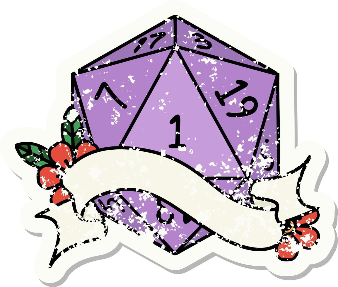 grunge sticker of a natural one d20 dice roll vector