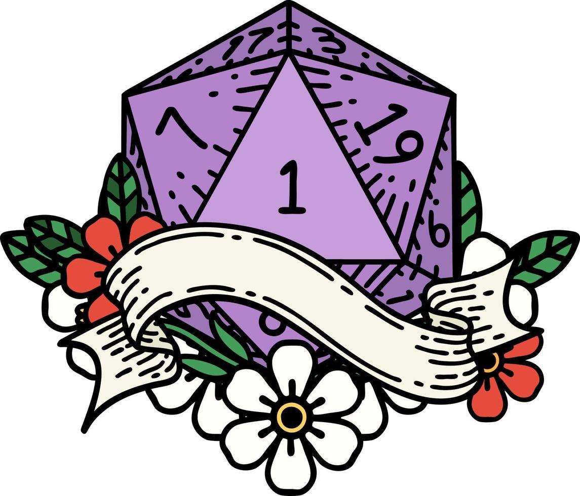 Retro Tattoo Style natural one d20 dice roll vector