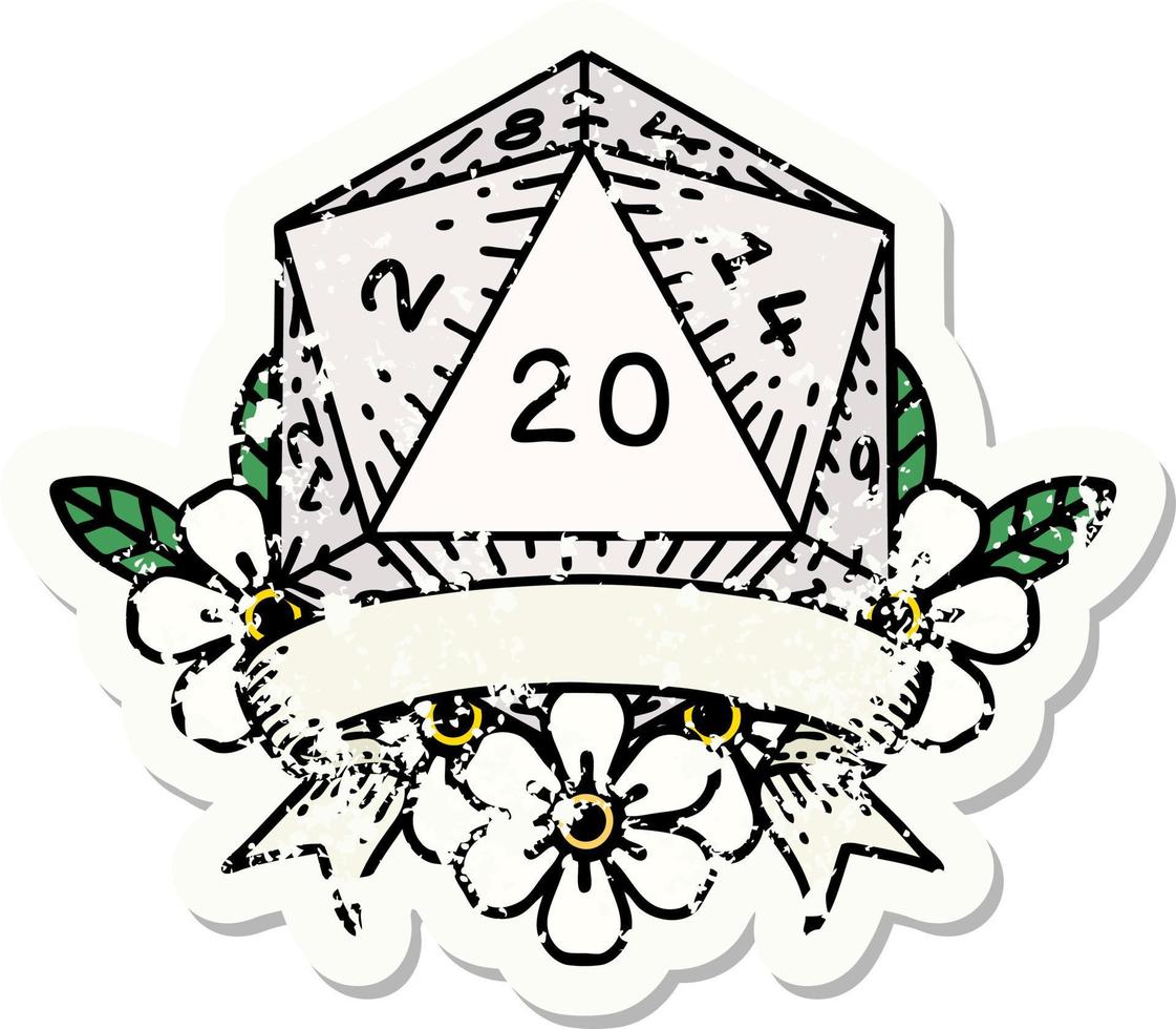 grunge sticker of a natural 20 critical hit D20 dice roll vector