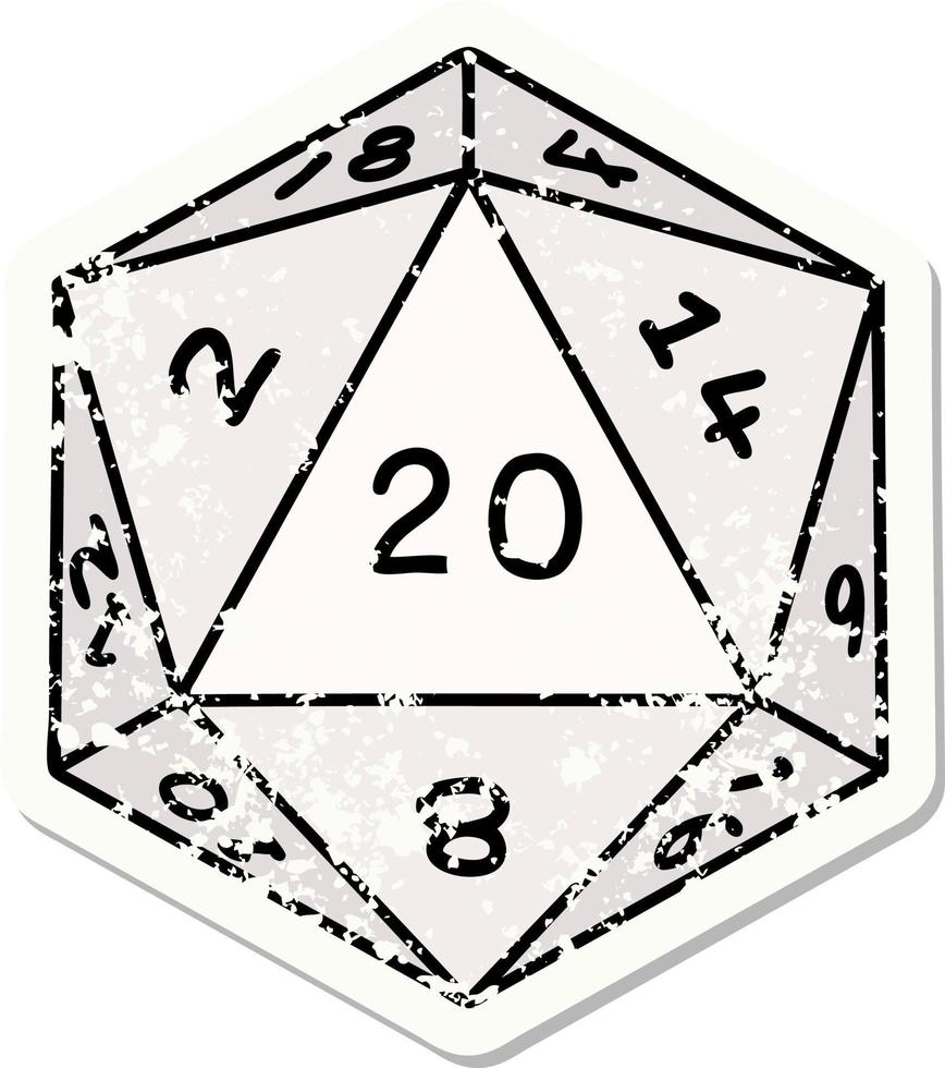 grunge sticker of a natural 20 D20 dice roll vector