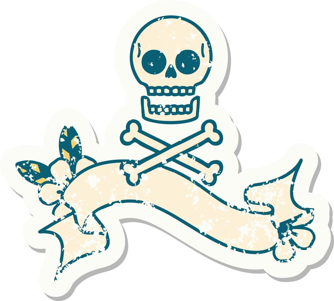 worn old sticker with banner of cross bones vector