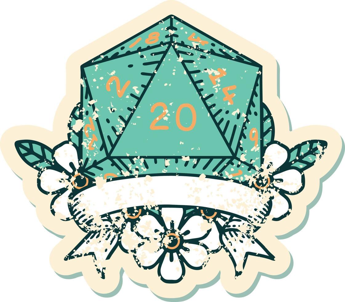 Retro Tattoo Style natural 20 critical hit D20 dice roll vector