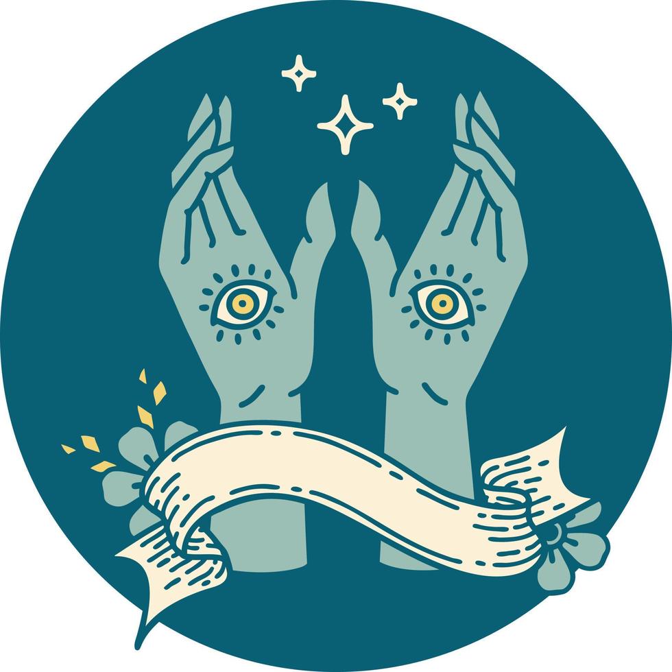 tattoo style icon with banner of mystic hands vector