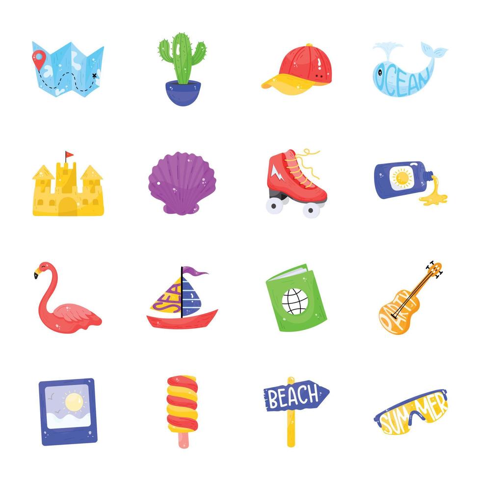 colección de iconos de pegatinas planas de vacaciones de verano vector