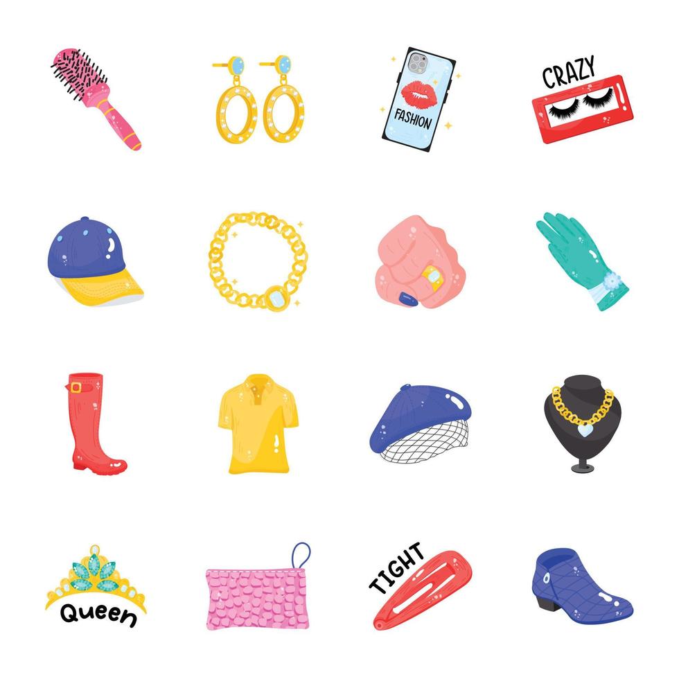 Collection of Jewelry and Fashion Equipment Flat Sticker Icons vector