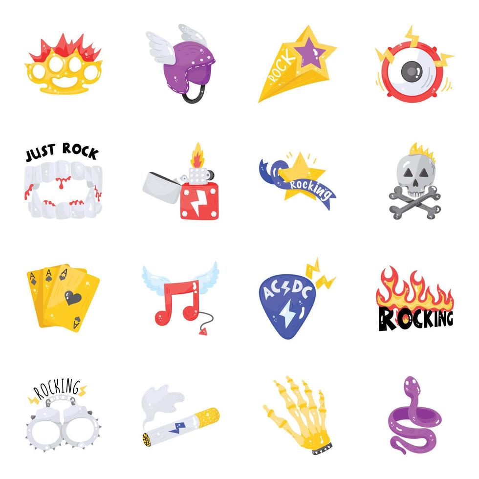Set of Funky Elements of Rock Flat Icons vector