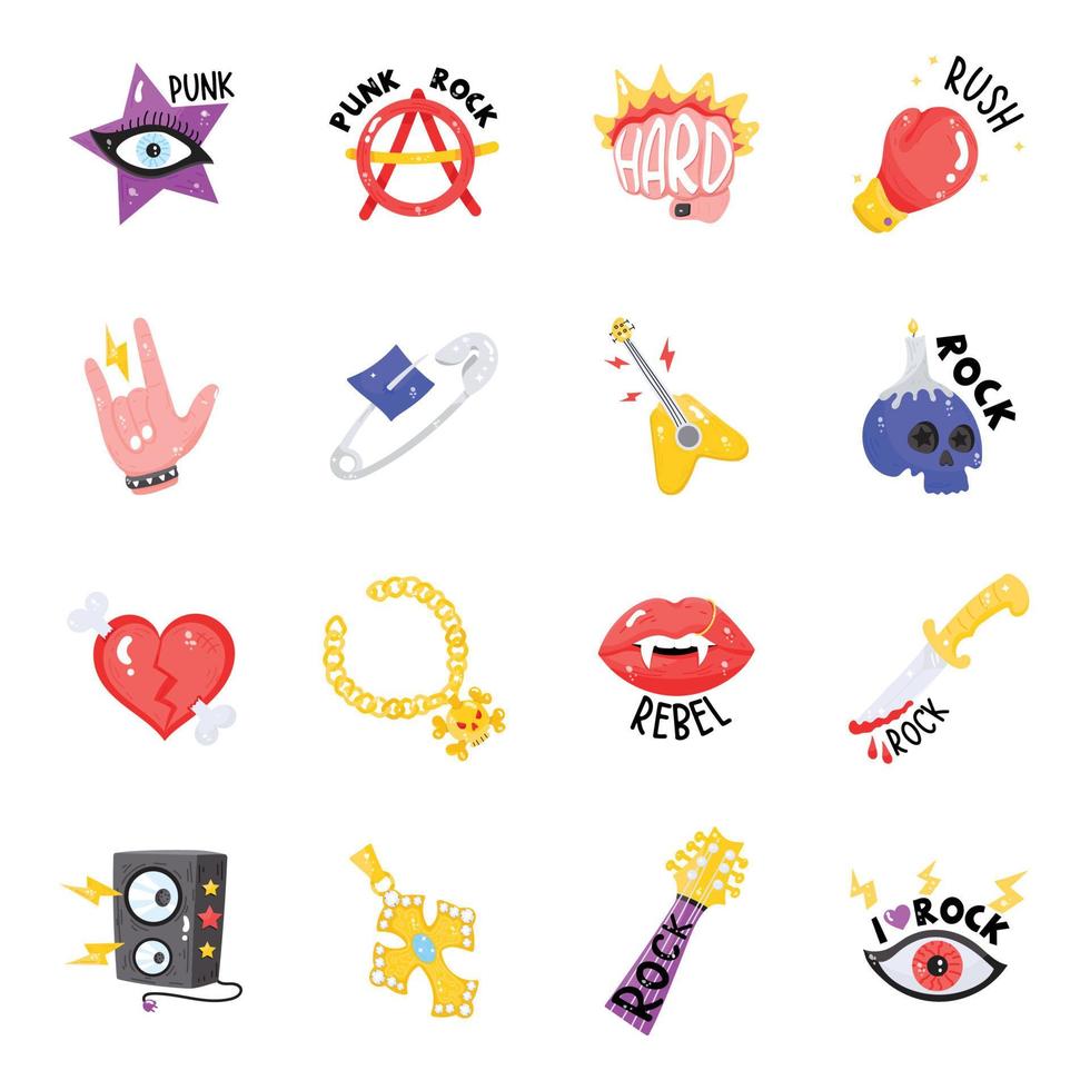 Punk Rock Flat Sticker Icons vector