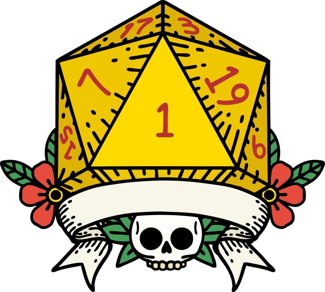 Retro Tattoo Style natural one d20 dice roll vector