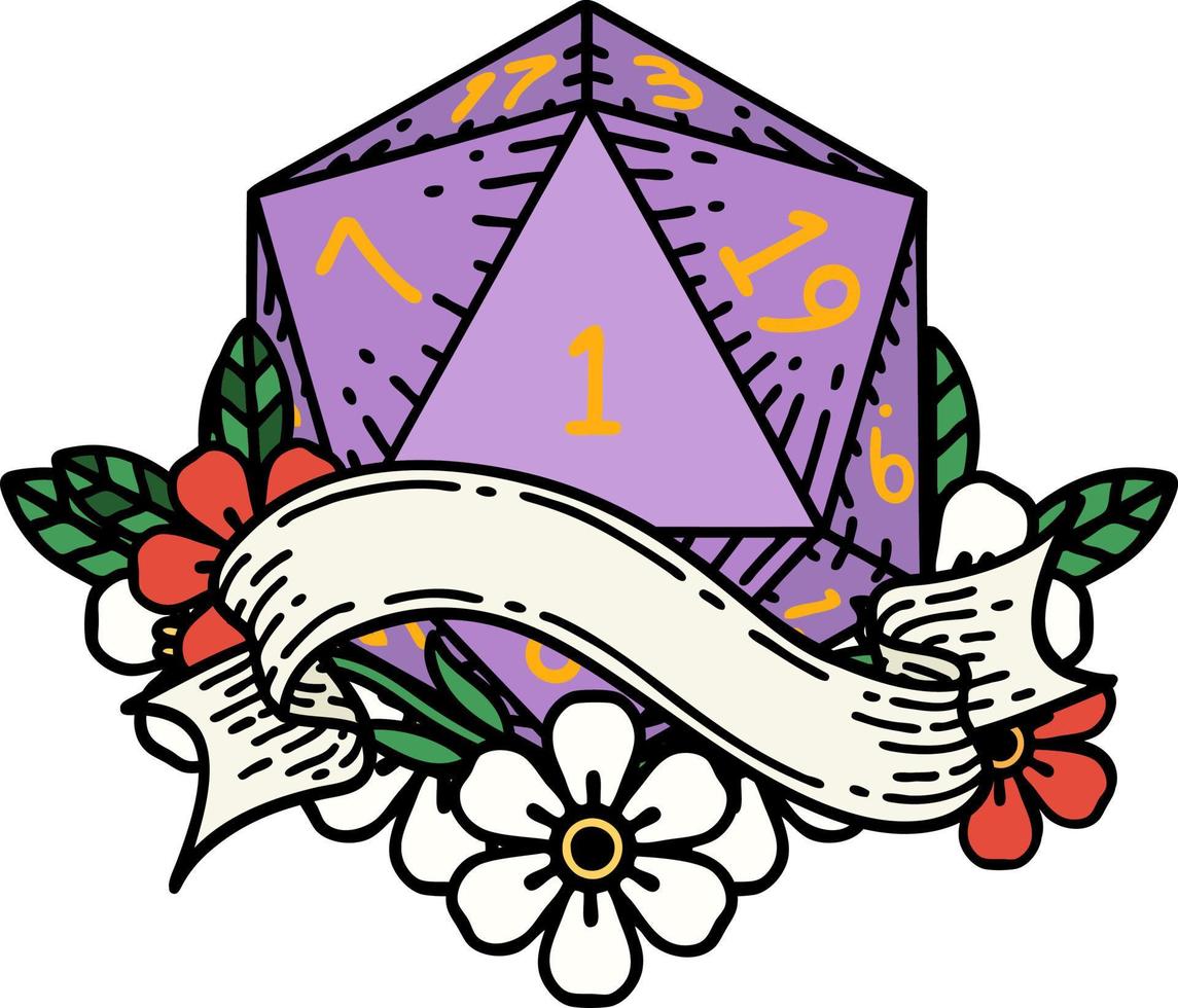 estilo de tatuaje retro natural uno d20 tirada de dados vector