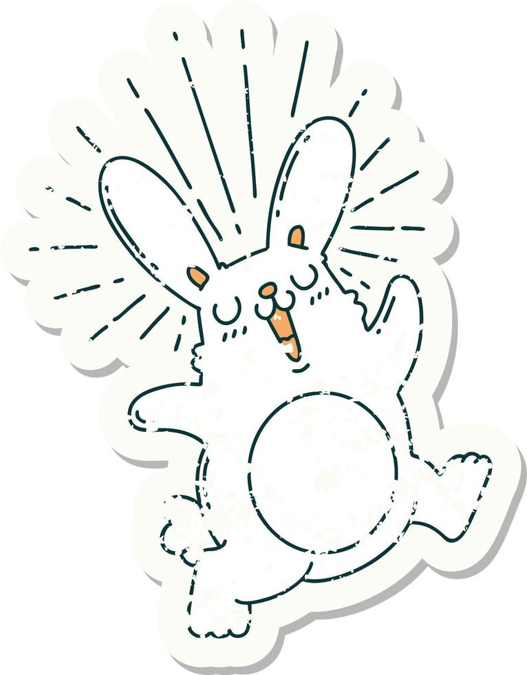 worn old sticker of a tattoo style prancing rabbit vector