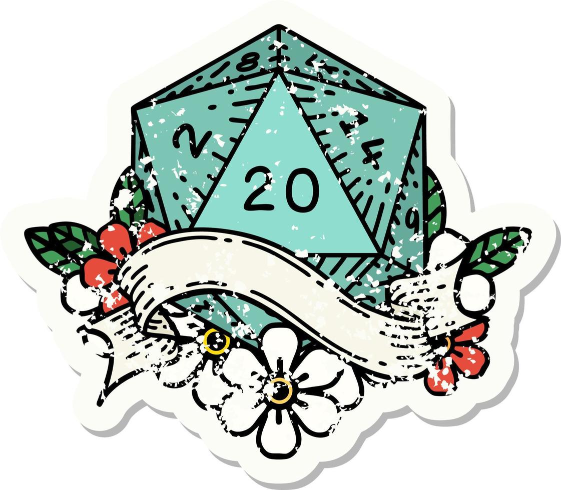 grunge sticker of a natural twenty D20 dice roll vector