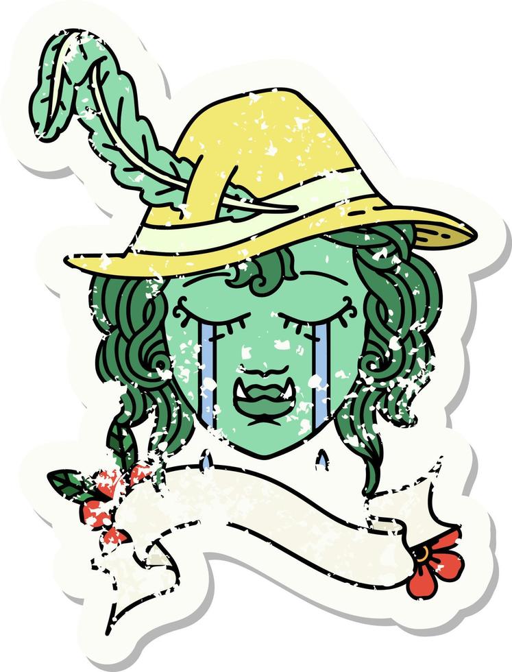 grunge sticker of a crying half orc bard character face vector