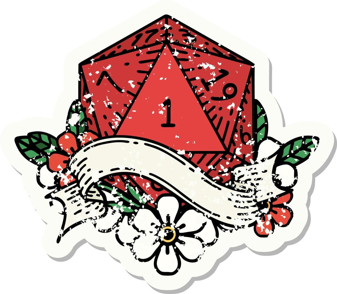 grunge sticker of a natural one d20 dice roll vector