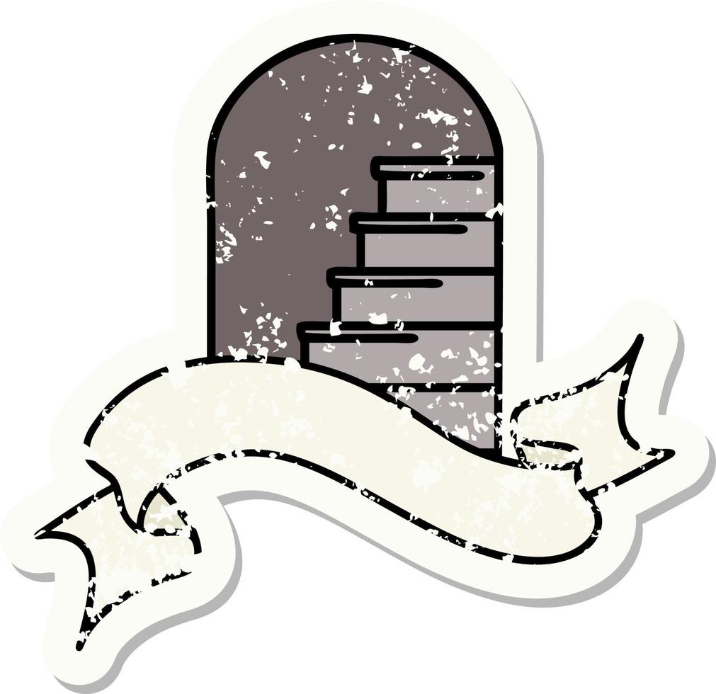 worn old sticker with banner of a doorway to steps vector