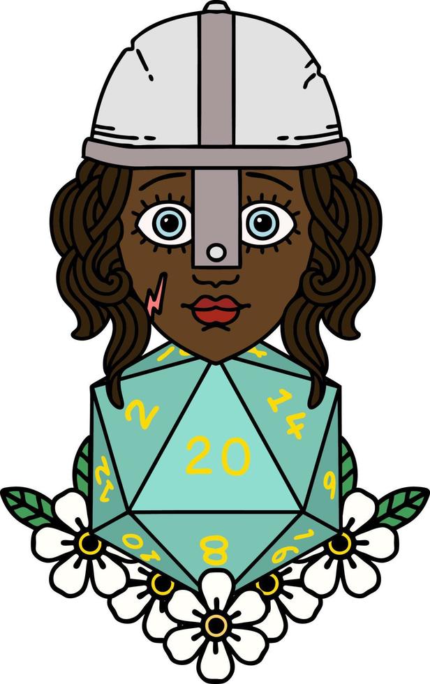Retro Tattoo Style human fighter with natural 20 D20 dice roll vector