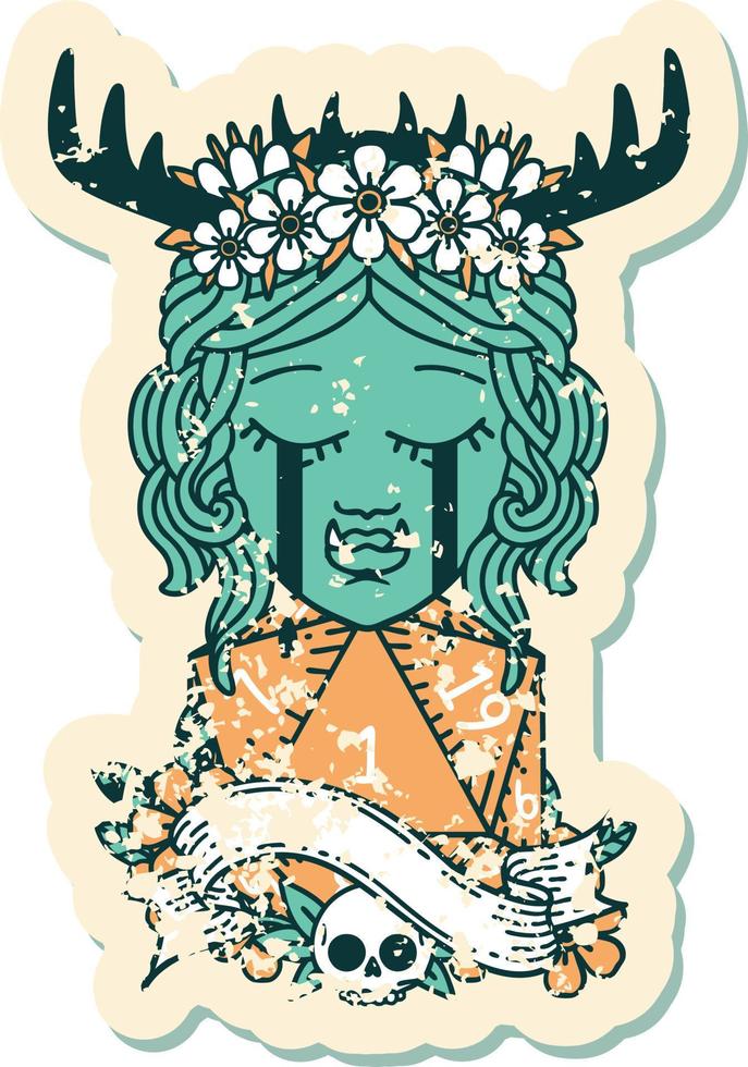 Retro Tattoo Style crying orc druid character face with natural one D20 roll vector