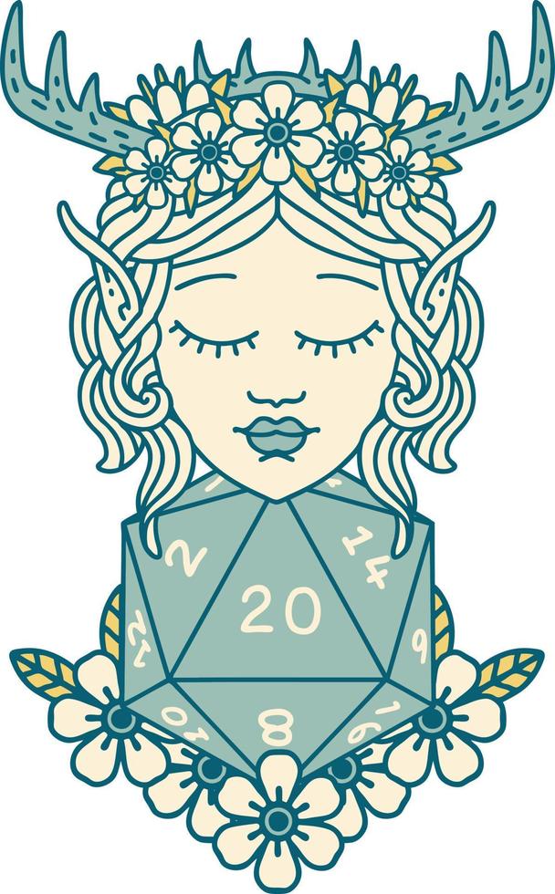 Retro Tattoo Style elf druid character with nautral twenty dice roll vector