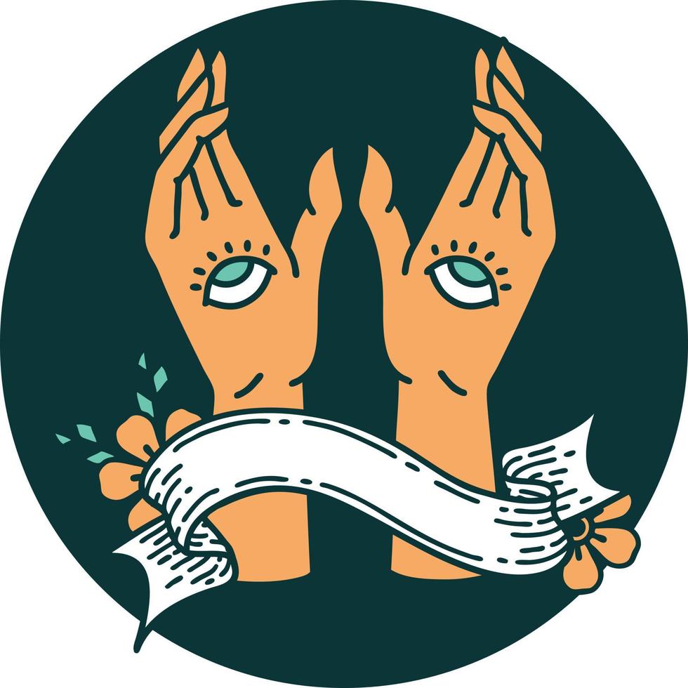 tattoo style icon with banner of mystic hands vector