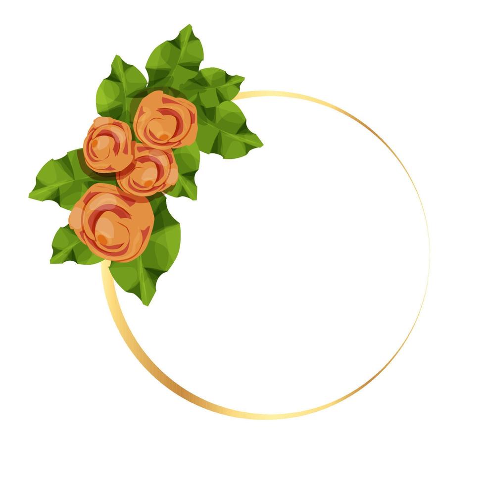 Golden round frame decorated with roses flowers and leaves in cartoon style isolated on white