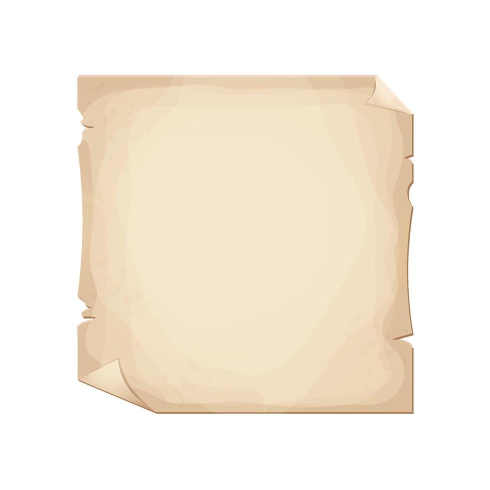 Old parchment paper, page empty medieval letter in cartoon style isolated on white background. Game asset, grunge frame, manuscript. Vector illustration