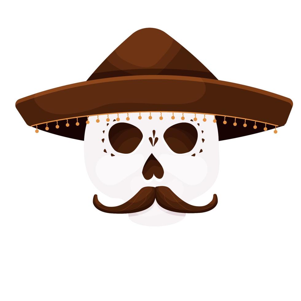 día muerto, cráneo decorado con sombrero tradicional y bigote, máscara, celebración de halloween en estilo de dibujos animados vector