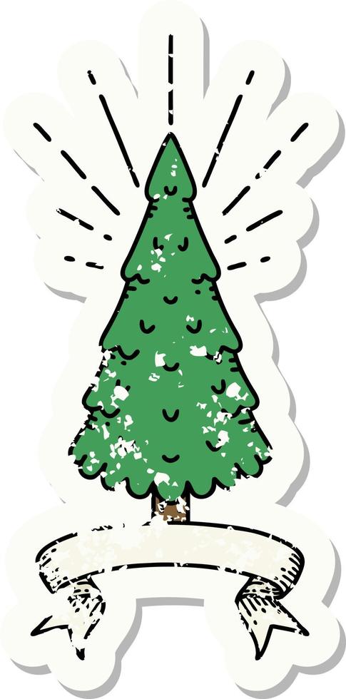 worn old sticker of a tattoo style pine tree vector