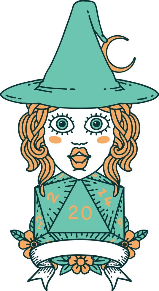 Retro Tattoo Style human witch with natural twenty dice roll vector