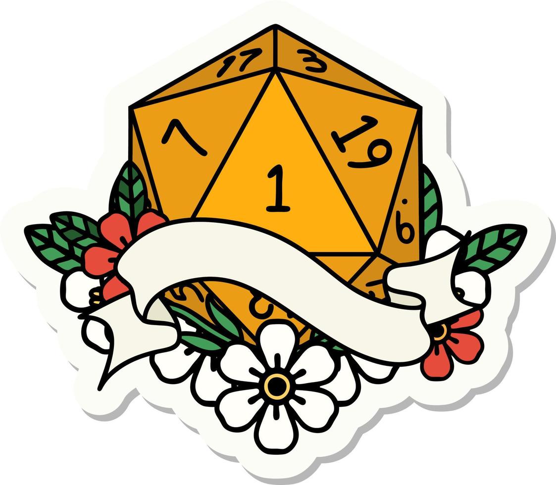 sticker of a natural one d20 dice roll vector