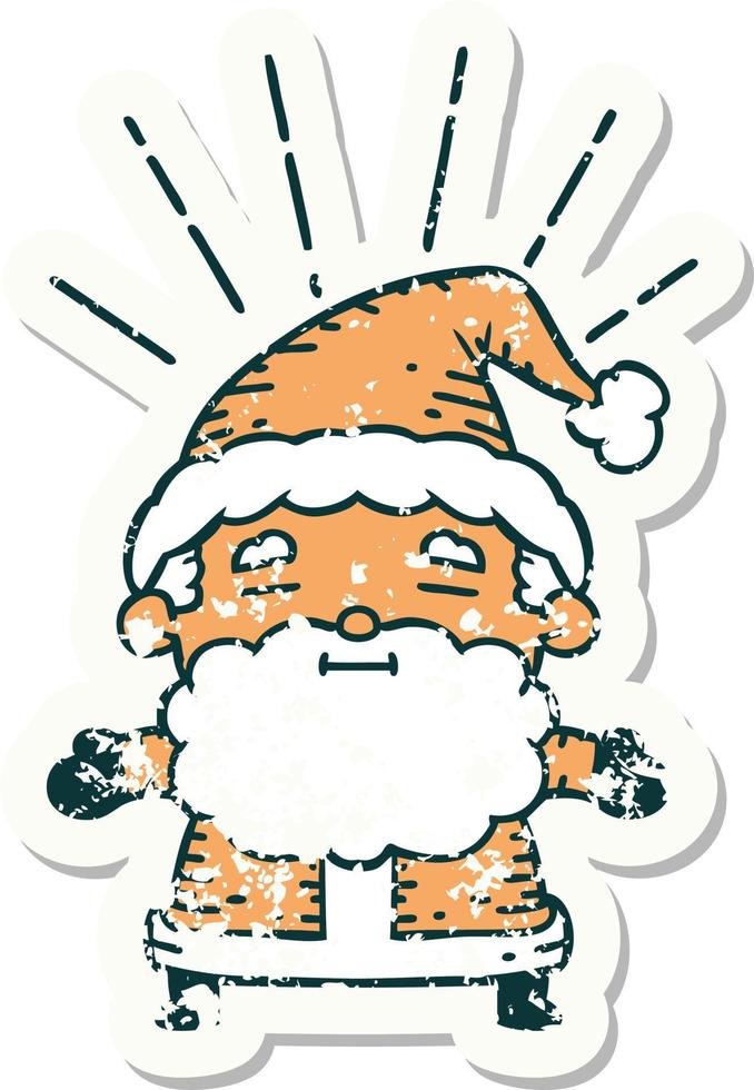 worn old sticker of a tattoo style santa claus christmas character vector