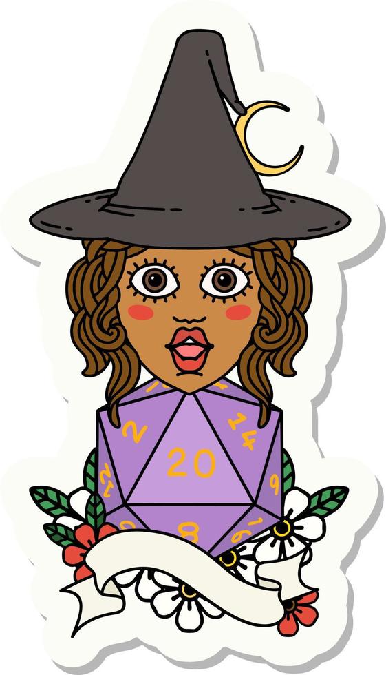 sticker of a human mage with natural twenty dice roll vector