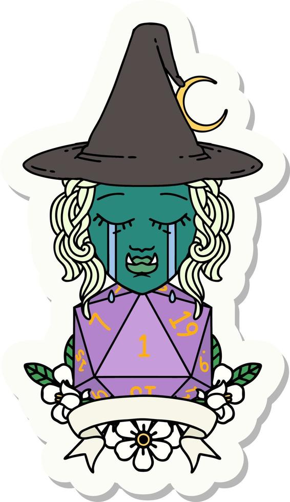 pegatina de un personaje de bruja medio orco llorando con un rollo natural vector