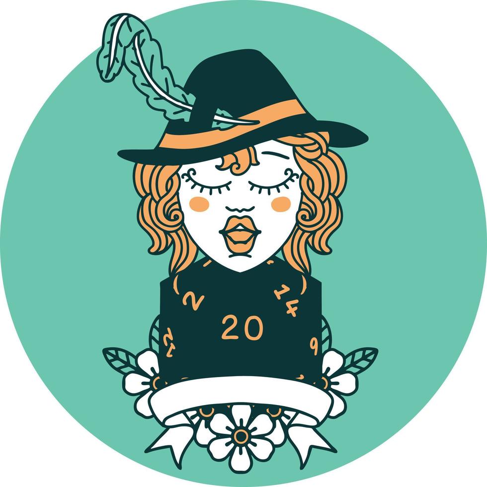 icon of human bard character with natural 20 dice roll vector