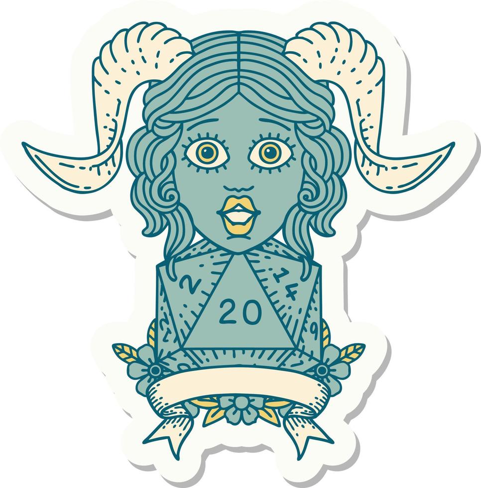 sticker of a tiefling with natural twenty dice roll vector