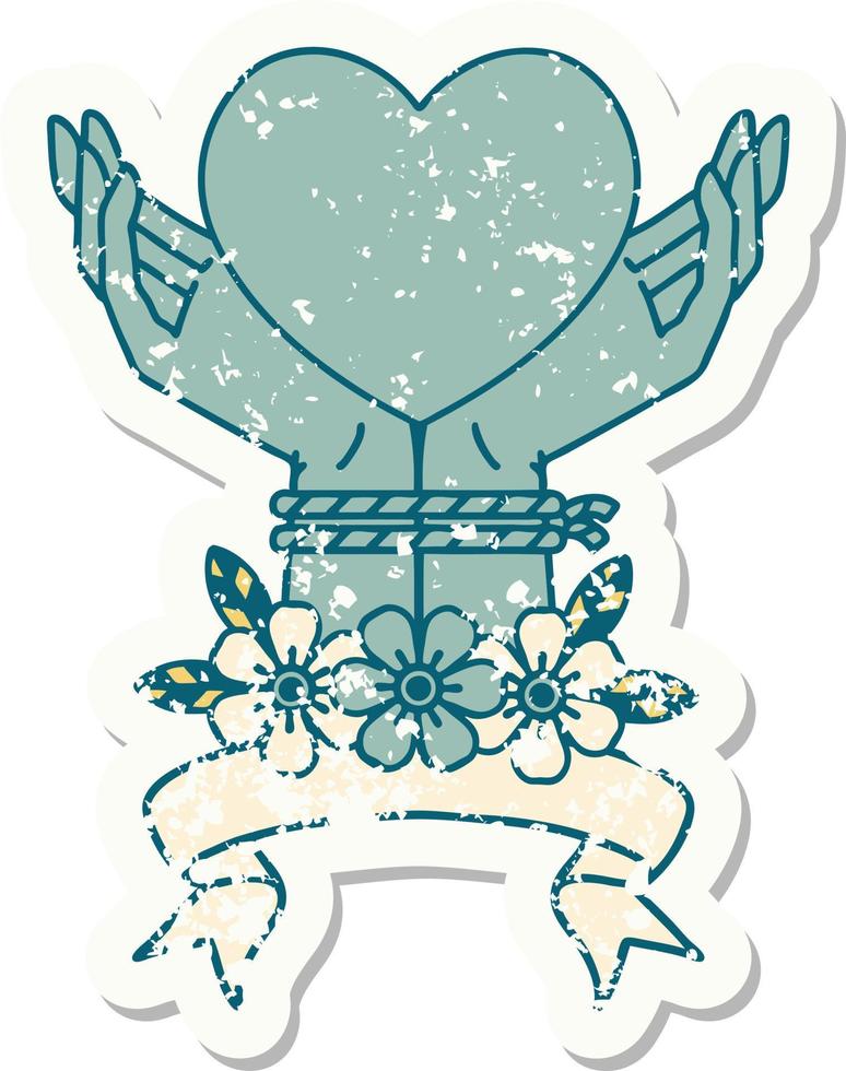 worn old sticker with banner of tied hands and a heart vector