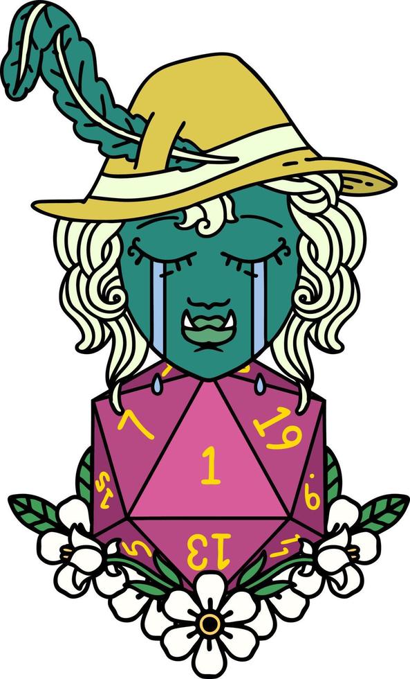 estilo de tatuaje retro personaje de bardo medio orco triste con un rollo d20 natural vector