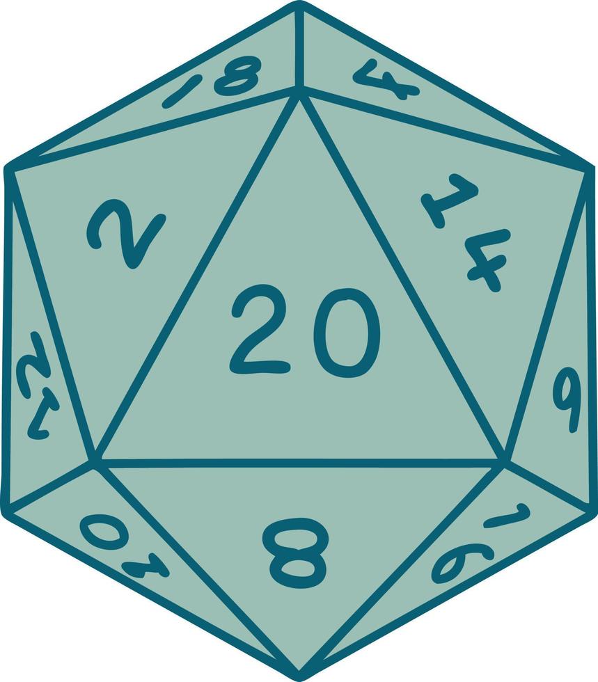 Retro Tattoo Style natural 20 D20 dice roll vector