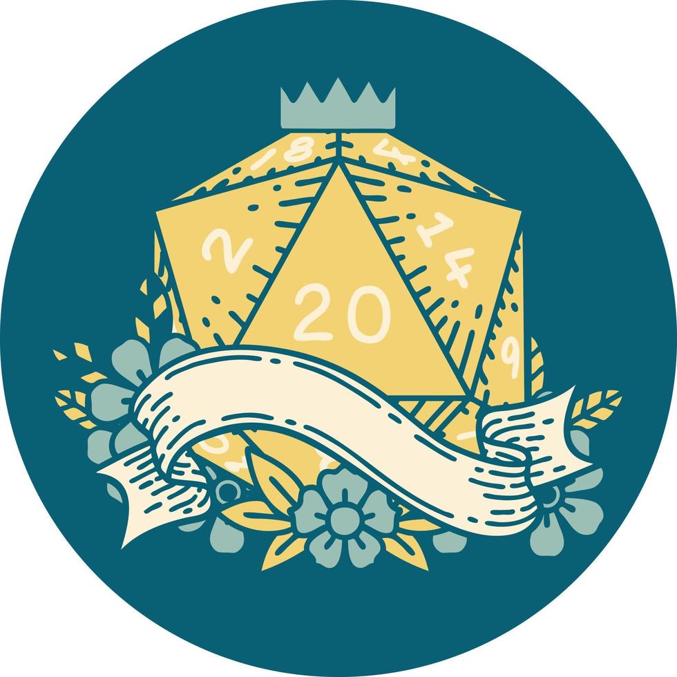Retro Tattoo Style natural twenty D20 dice roll vector