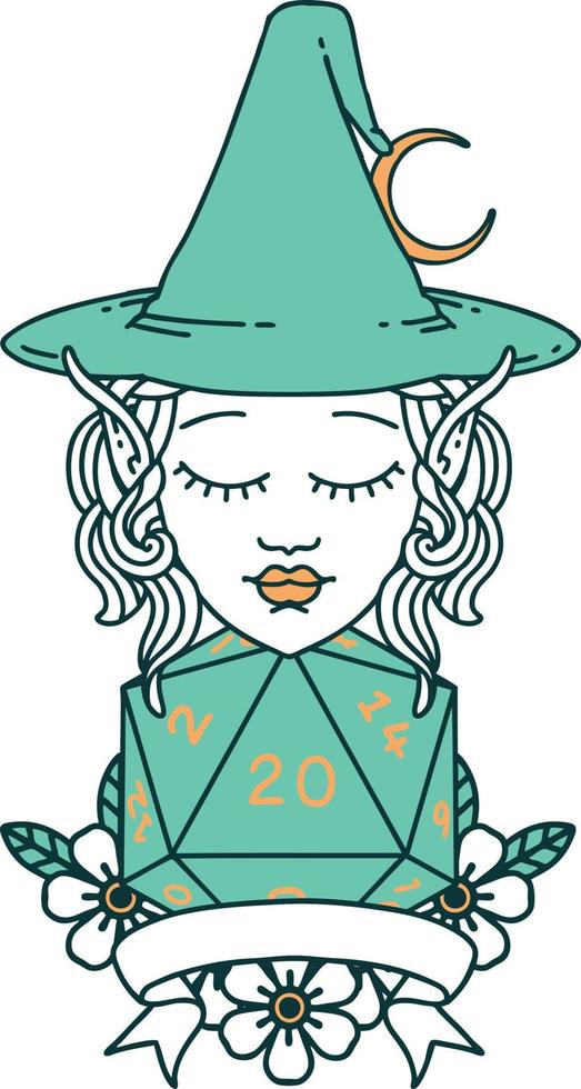 Retro Tattoo Style elf mage character with natural twenty dice roll vector
